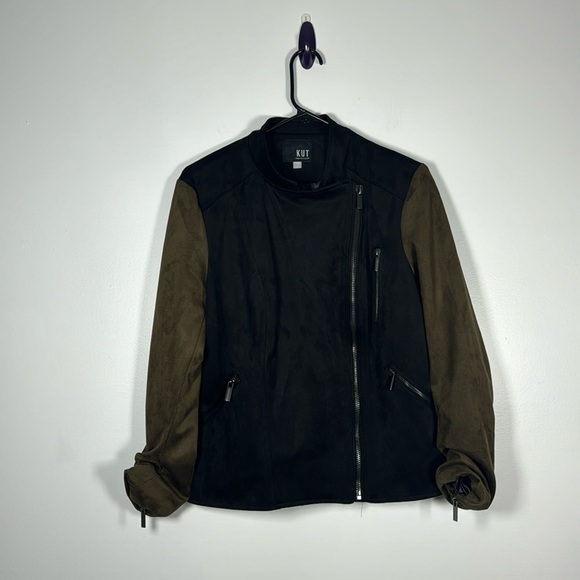 Kut from the Kloth Black Olive Faux Suede Moto Jacket Size Large - Picture 2 of 8